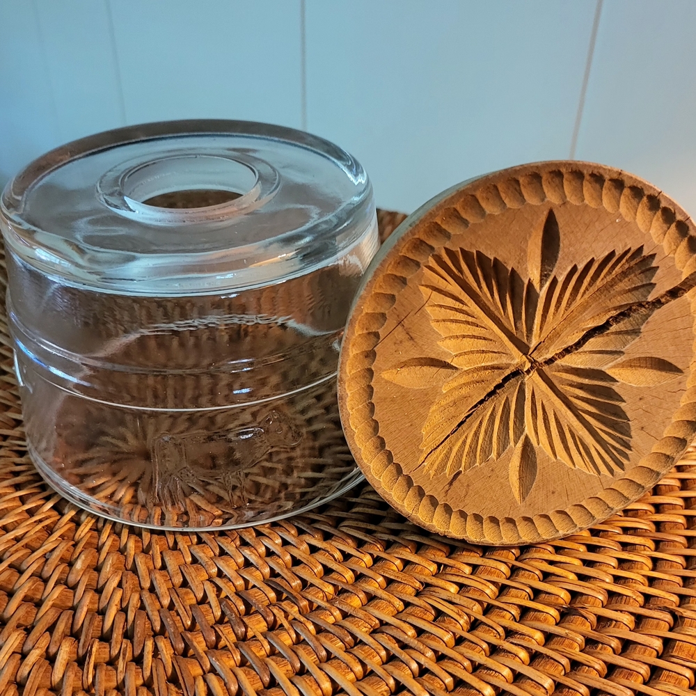 Glass and Wood Butter Mold Press with Cow and Flower